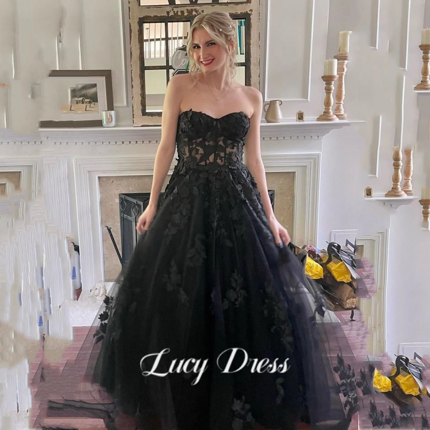 

Lucy Sweetheart Party Dresses and Events Lace Dress Evening Elegant Luxury Celebrity Applique Womens Long Women A-line Dubai