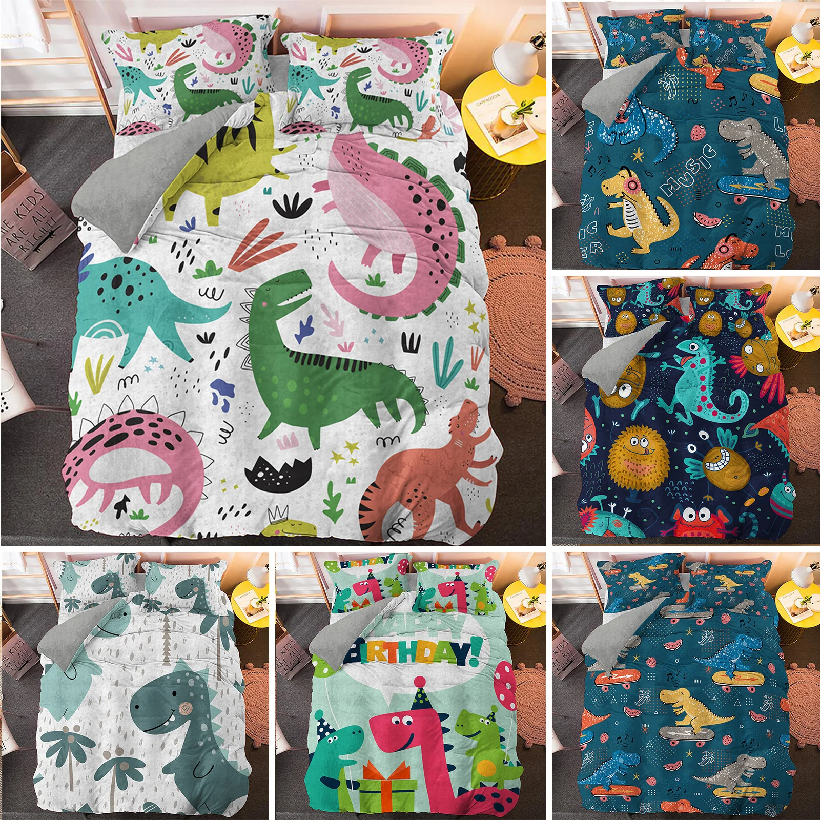 

Cartoon Dinosaur Bedding Set Twin Queen King Size Boho Comforter/Duvet Cover Polyester Quilt Cover Pillowcase Soft Bedclothes