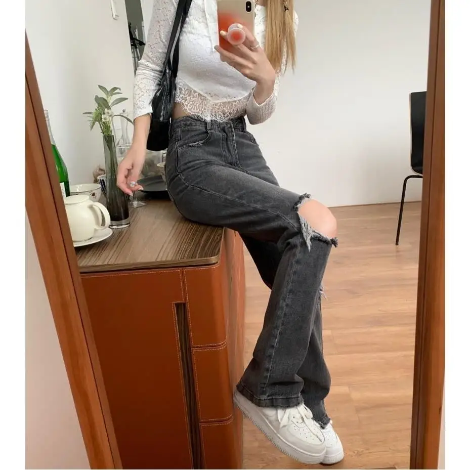 Women's Black Jeans Retro Oversized Harajuku Yk2 Hole Trousers Hollow Out Pants Casual Ladies Ripped Denim Straight Pants Jeans