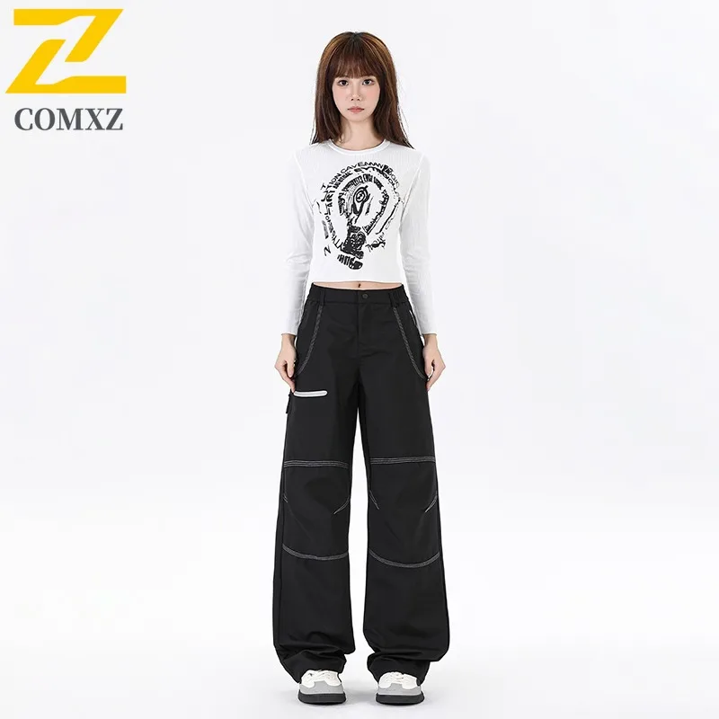 COMXZ 2025 Autumn New Water Repellent Pants Unique Insert Color Snap Button Elastic Waist Unisex Hong Kong Loose Casual Trousers