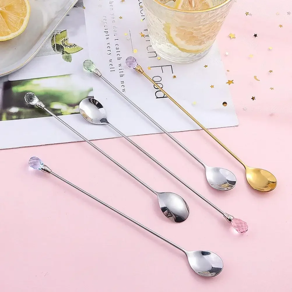 Long Handled Stainless Steel Stirring Spoon Creative Diamond Gold Color Dessert Spoon For Home Kitchen Coffee Stir 1Pcs stainless steel spoon