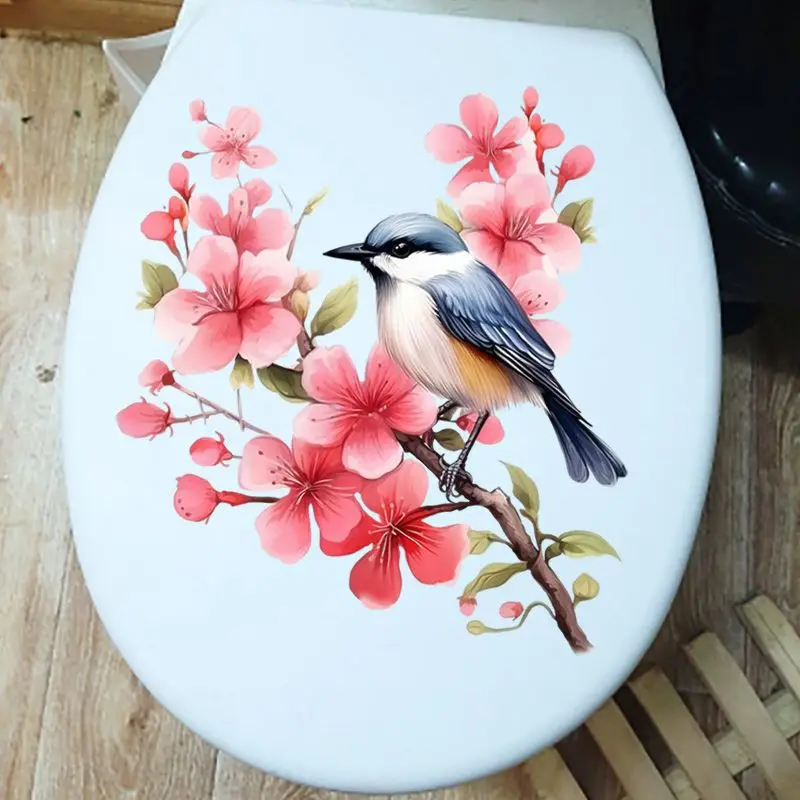 Hand-Painted Pink Flowers And Birds on Branches Toilet Bathroom Toilet Cover Sticker Wall Stickers Wc Home Decoration S218