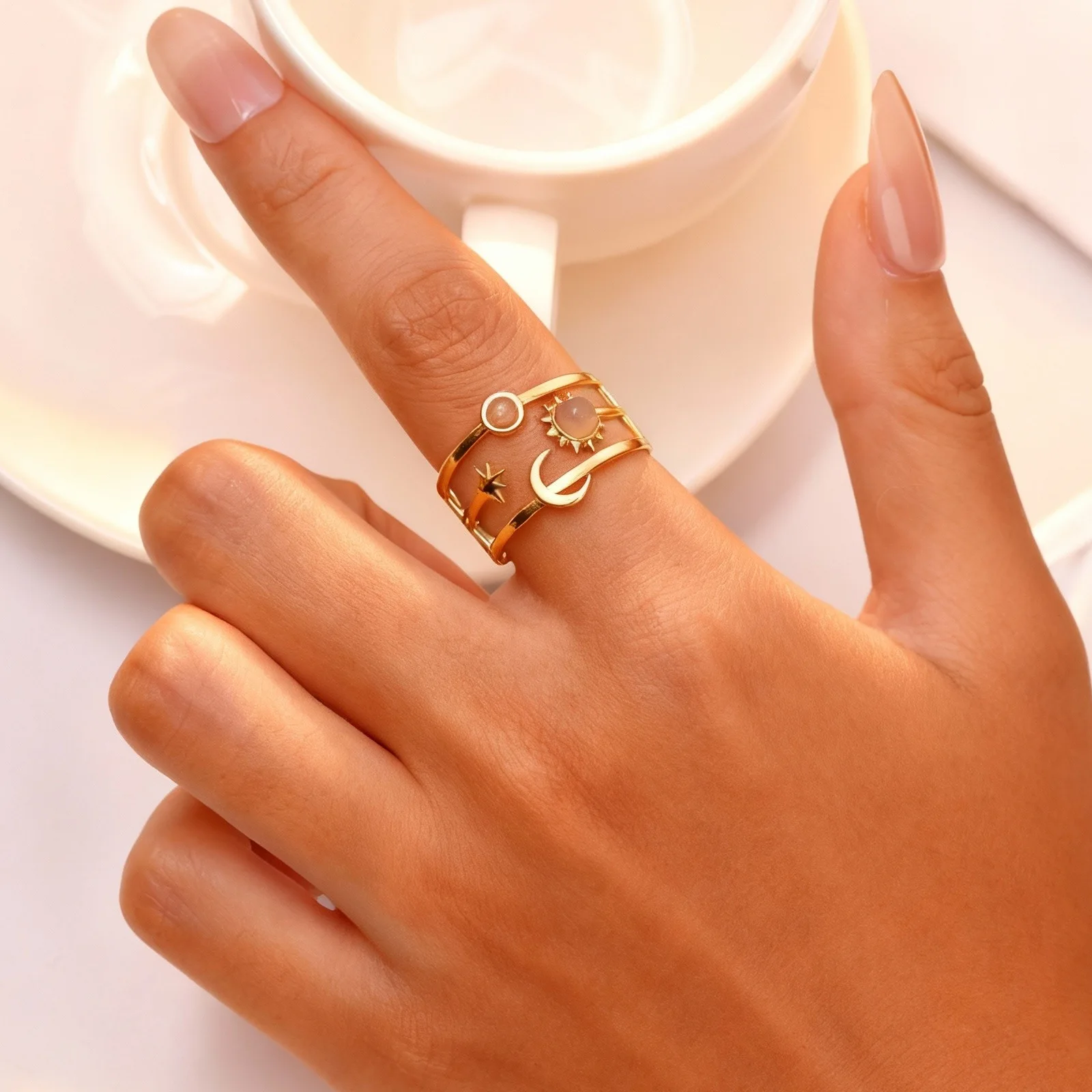 Natürlicher Türkis-Stern-Sonnen-Mehrschichtiger Edelstahl-Offener Ring für Frauen Ästhetischer Fingerschmuck Wasserfest – Detail 4