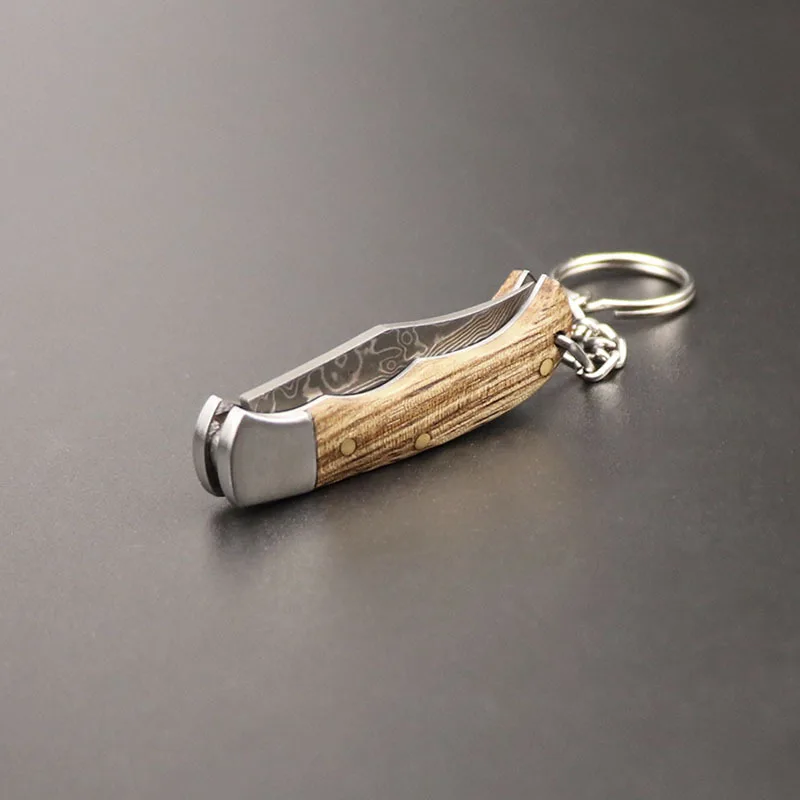 Damascus Knife Wooden Handle Folding Knife Outdoor Camping Portable Portable Mini Key Buckle Multi-functional Emergency Rescue