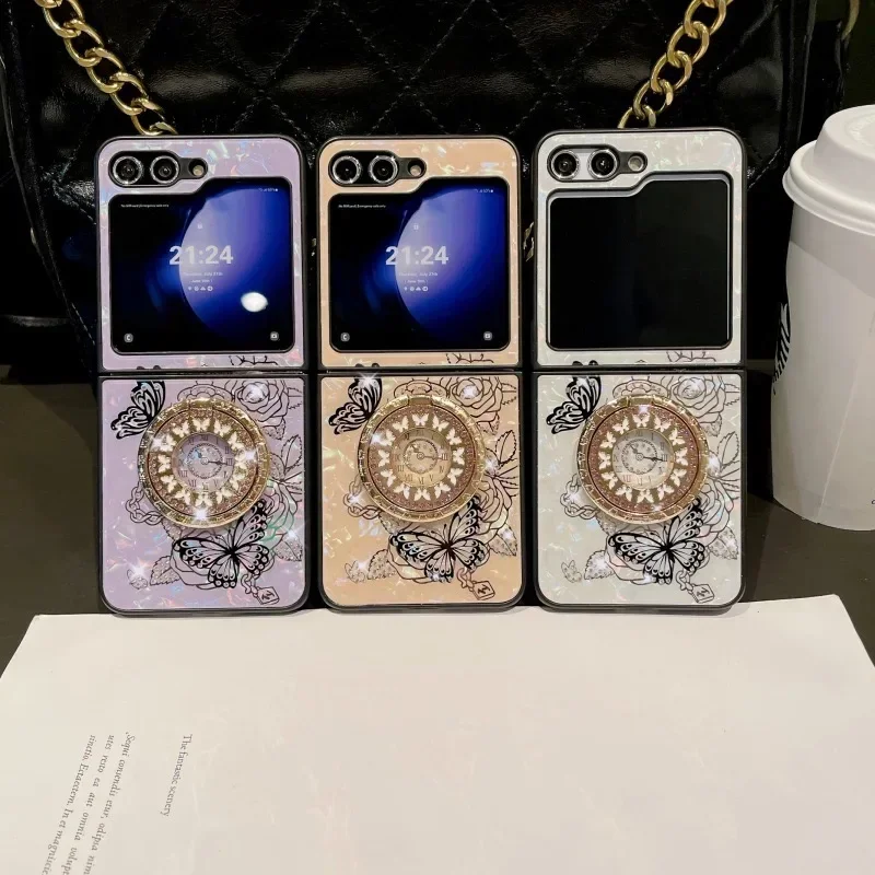 Luxus-Design Schmetterling Glitzer Metallring Hülle für Samsung Galaxy Z Flip 6 5 4 3 Flip6 Flip5 4 3 5G Frau Ring Stand Back Cover_voghion.com