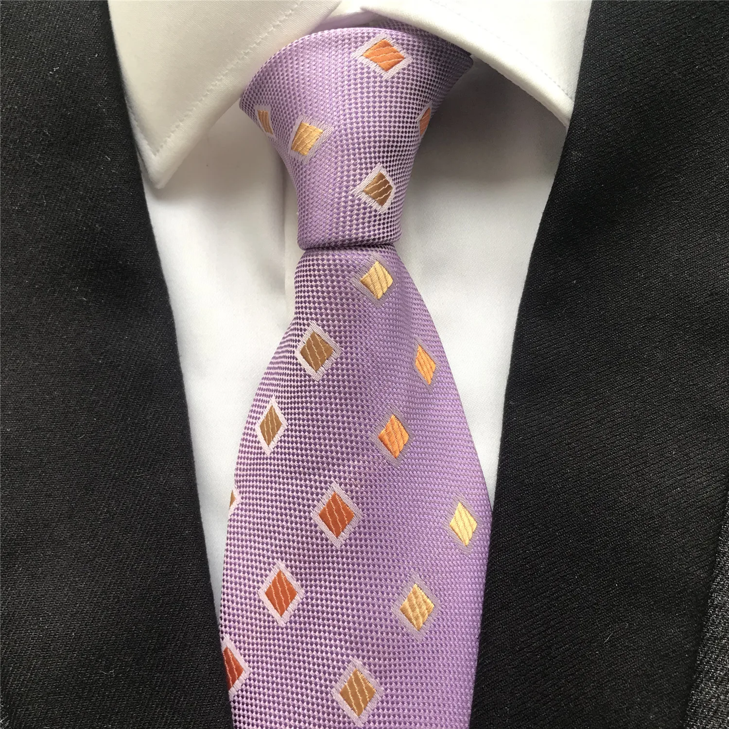 

10 cm Width New Design Men's Ties Jacquard Woven Neck Tie Cravatas Light Purple with Square Plaids Fashion Neckties for Men