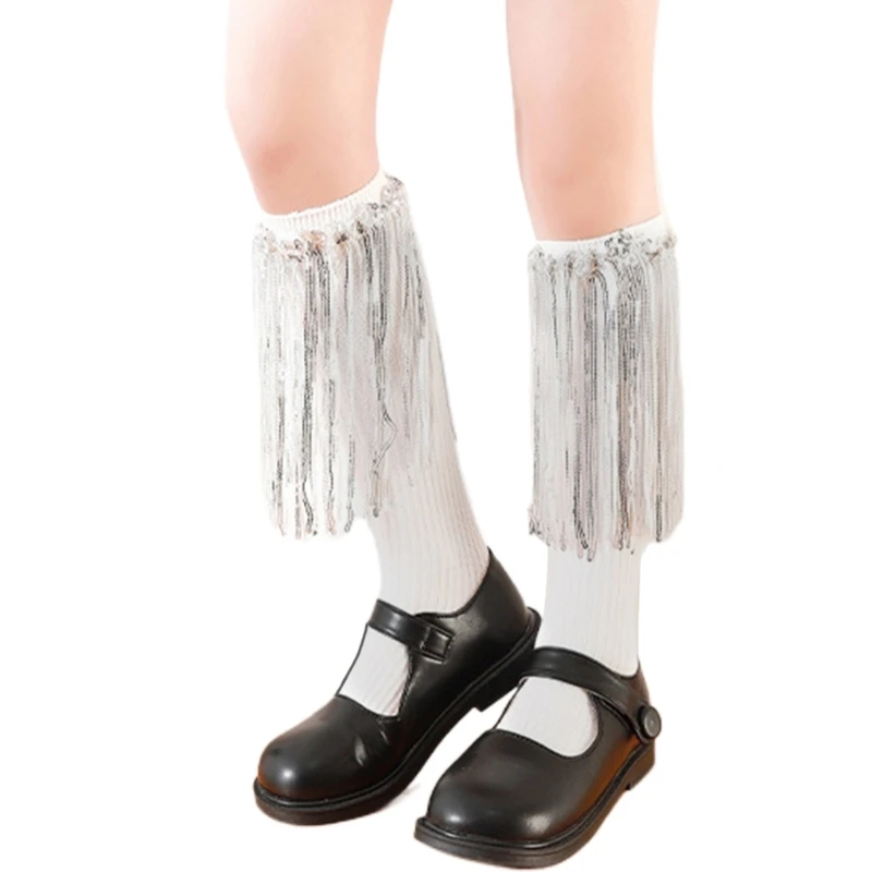 HUYU Sequined Fringed Knee High Socks Midcalf Socks for Kids Spring Stretchy for Little Girl School Dancing Dress