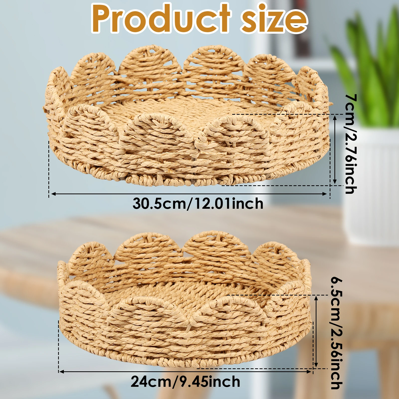 2 Pcs Storage Basket Hand Woven Organizer Baskets Multi-purpose Fruit Basket Braided Serving Tray for Home and Kitchen Organizer