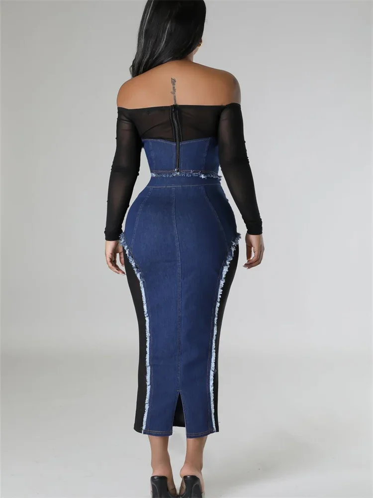Wmstar Two Piece Set Women Skirts Sets Off Shoulder Top Sexy Denim Patchwork New in Fall Clothes Wholesale Dropshipping S-2XL