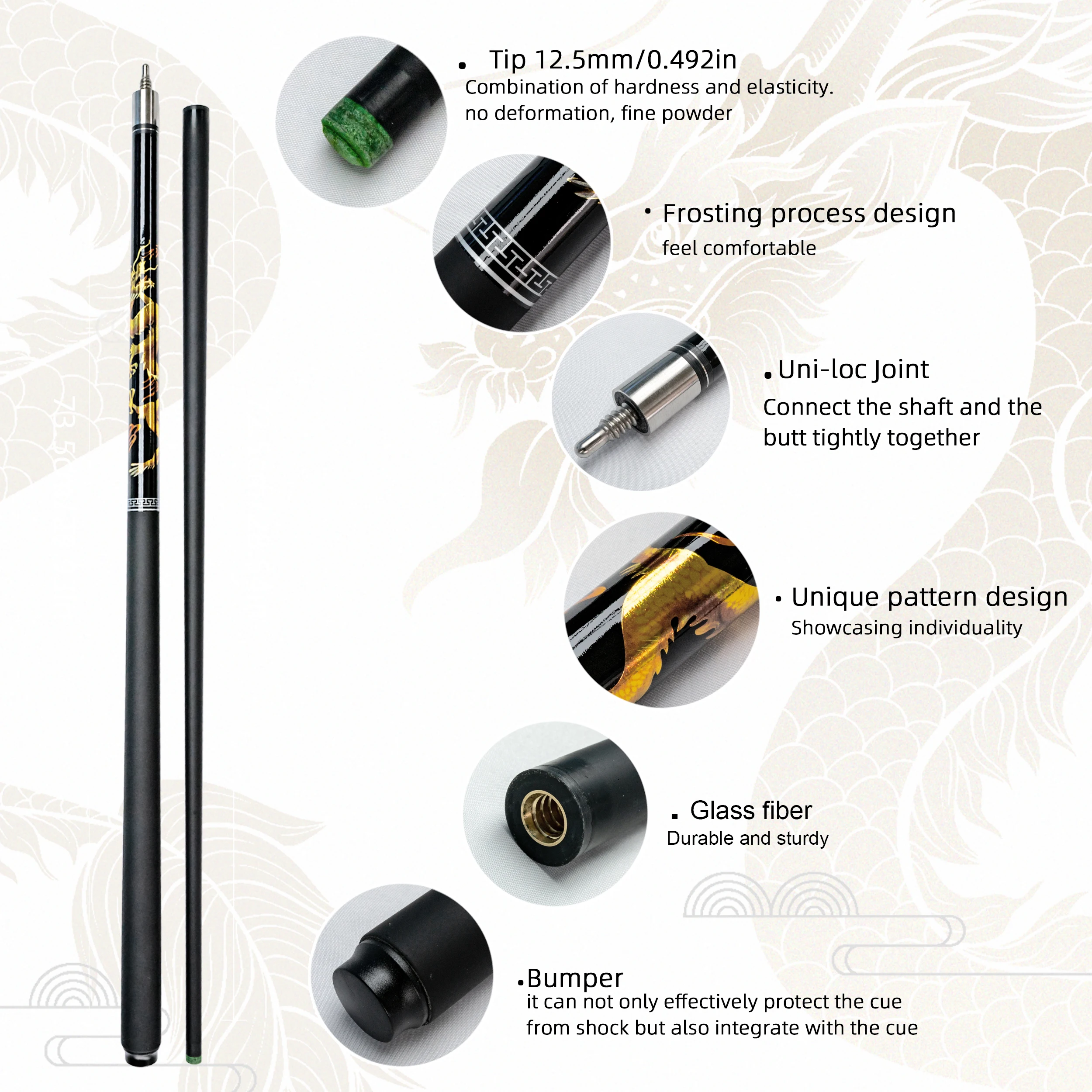 Professional Carbon Fiber Billiard Cue - 12.5mm Tip, 57.87inch Length With UV-Printed Grip, Mixed Colors