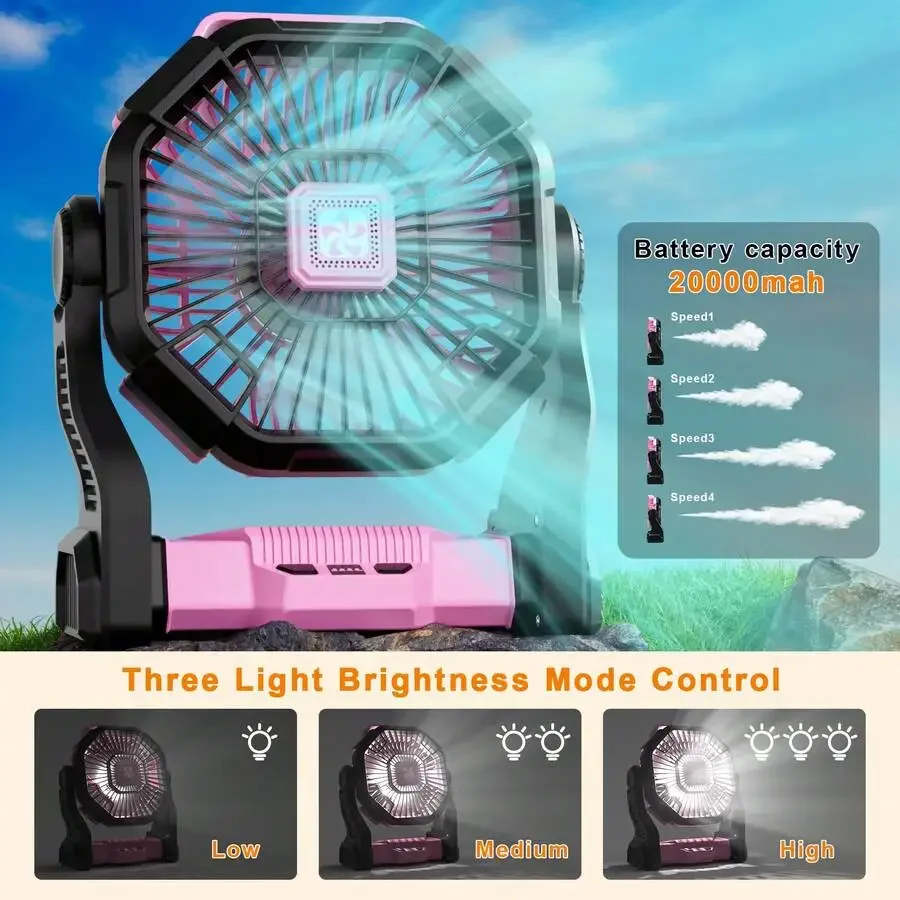 Batterijgevoede LED-lantaarn met koude lucht, tafelventilator met dubbele motor, 4 instelbare snelheden en ophanghaak, draagbare buitenventilator._voghion.com