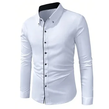Camicia bianca da uomo Bolubao Camicia da lavoro maschile casual elegante elastica casual nuovissima patchwork a maniche lunghe 1