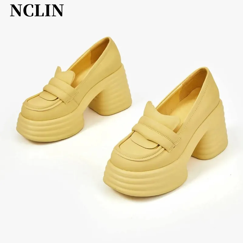 

2024 New Cow Leather Women Shoes Round Toe Thick High Heels Platform Spring Shoes Simple Style Solid Causal Slip on Maiden Pumps