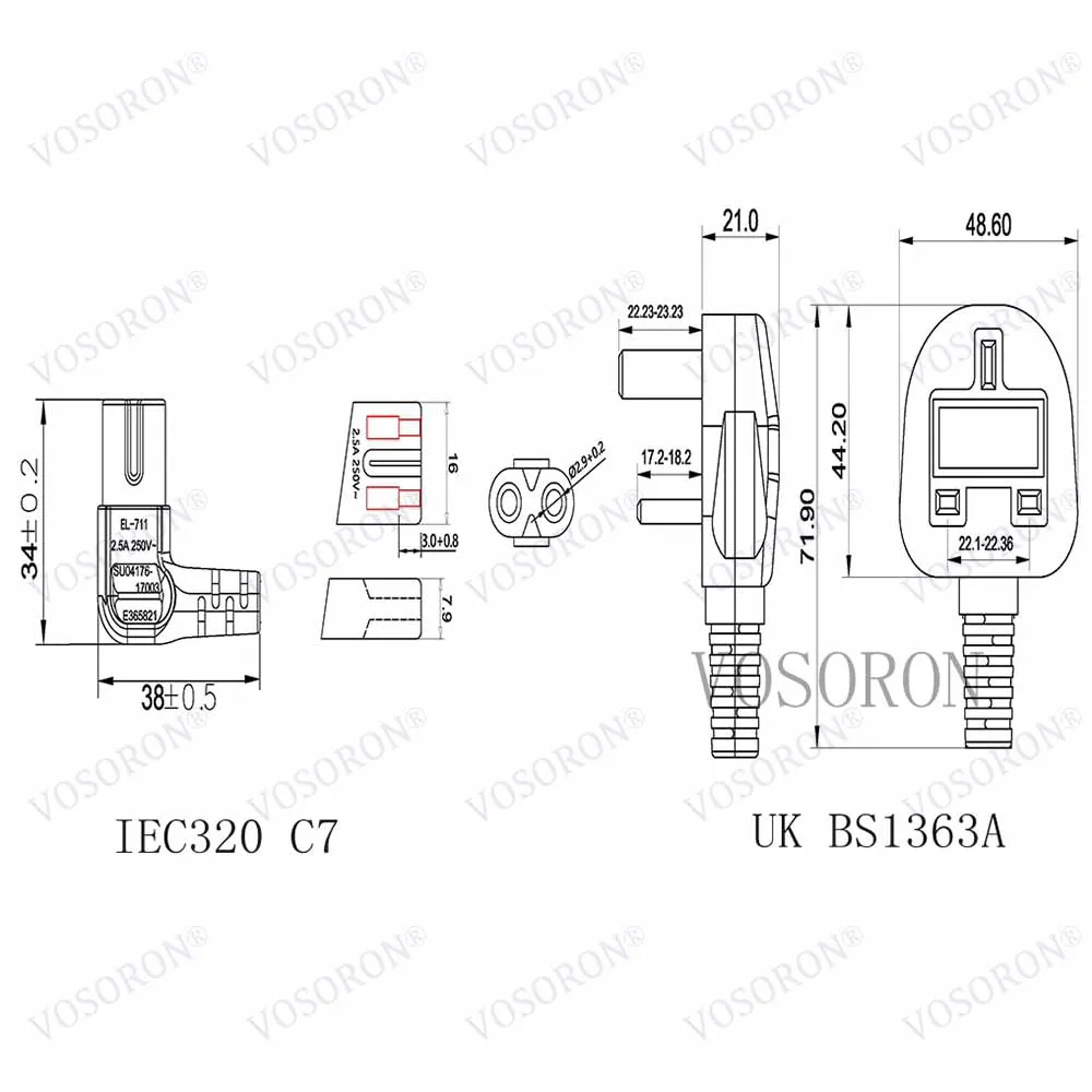 UK British 3-Prong to Figure 8 C7 Right Angled AC Power Cord Cable Lead