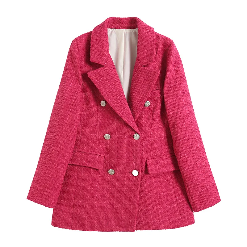 Women Jacket Spring  TRAF Fashion Double Breasted Tweed Blazer Coat Vintage Long Sleeve Female Outerwear Chic Top
