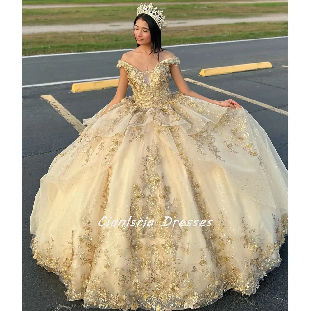 

Gold 3D Flowers Ruffles Ball Gown Quinceanera Dresses Off The Shoulder Appliques Lace Corset Vestidos Para XV Años