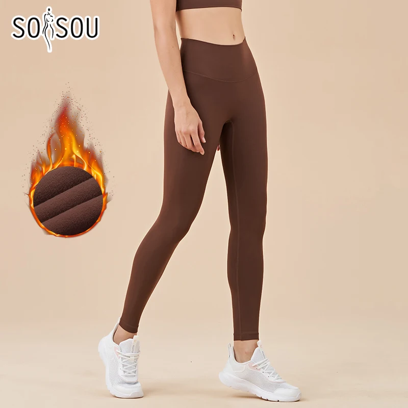SOISOU Nylon Winter Warm Leggings Yoga Gym Women's Pants Invisible Waist Pocket Soft Elastic High Waist Sexy