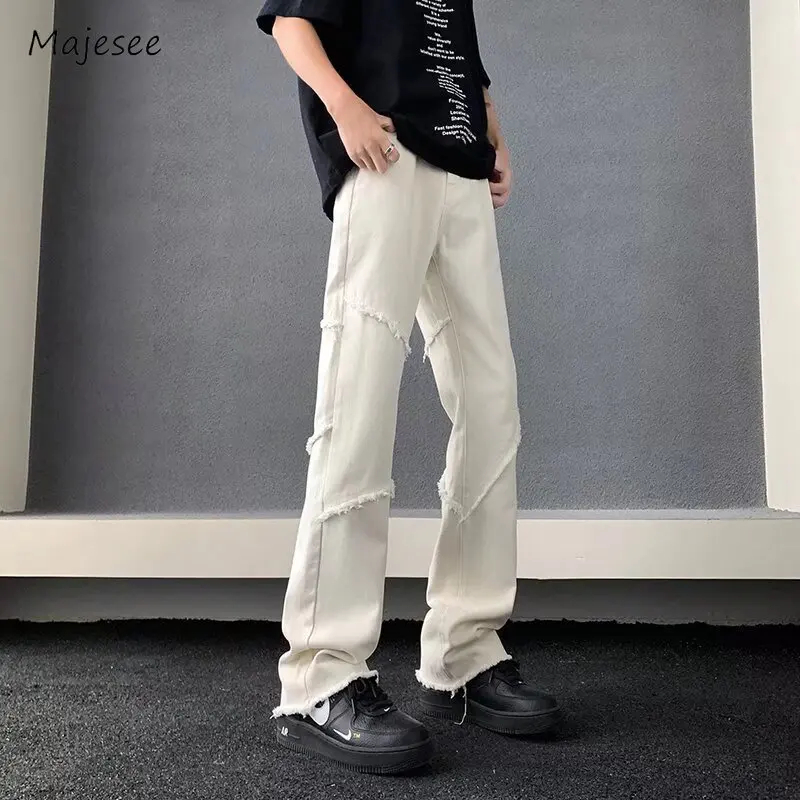 

Jeans Men European Style Ins High Street Spring Raw Edge Loose Straight Trousers Chic Simple Solid Youthful Full Length Students