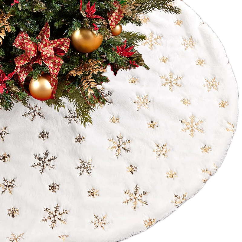 

78-122cm White Christmas Tree Skirt Gold Snowflake Xmas Tree Base Decoration Plush Faux Fur Mat For Chritsmas Tree Home New Year