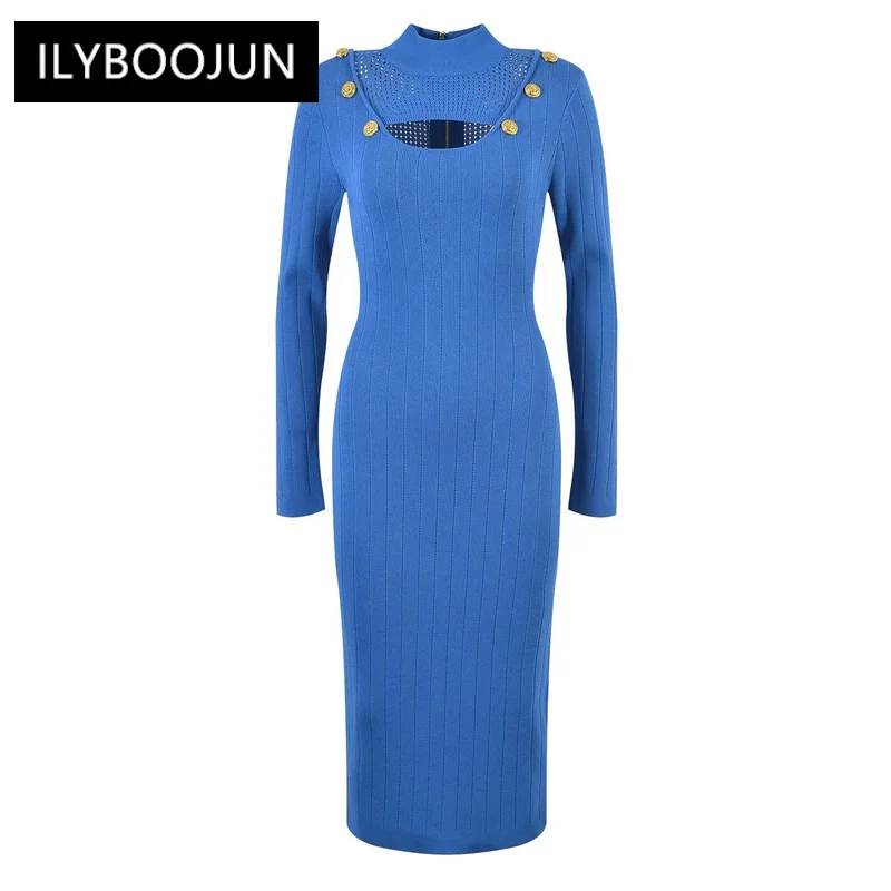 

New Fall Long Sleeve Stand Collor Slim Midi Length 3 Color Black/White/Blue Chic Knit Women Stretchy Dress For Women 2023 Luxury