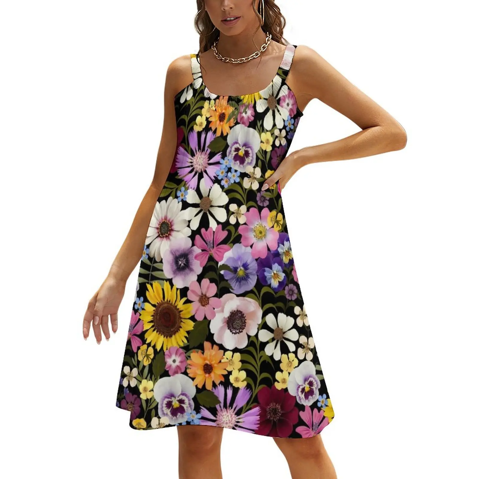 

Spring Garden Party floral -black Beach Sling Skirt Woman clothes Women's clothing