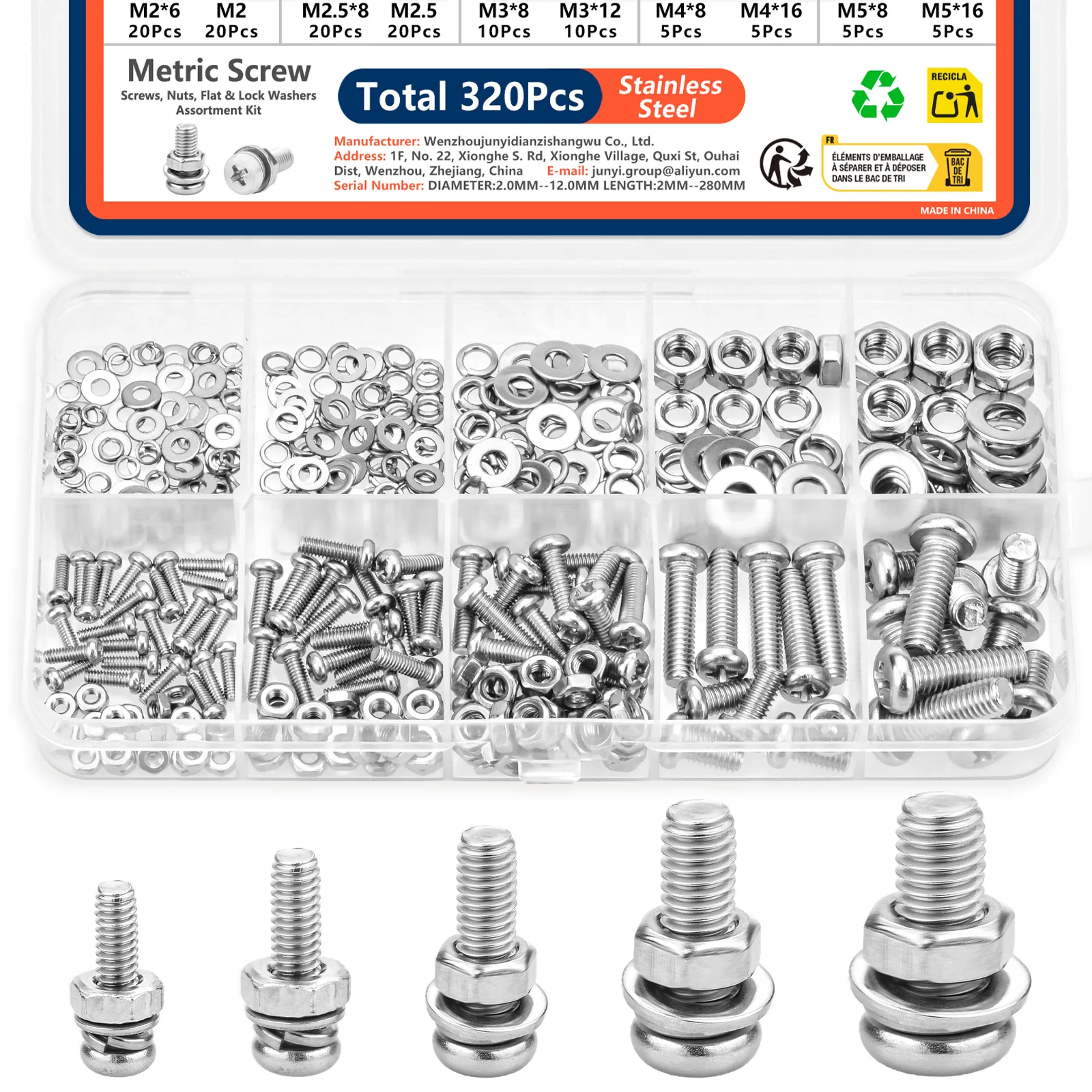320pcs 스테인레스 스틸 나사 너트 와셔 구색 키트 녹슬지 않는 미터법 하드웨어 세트 M2-M5 DIY 홈 수리 산업용