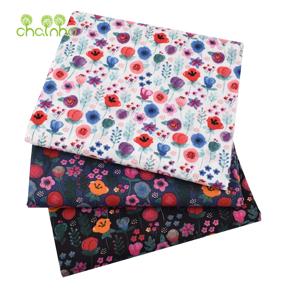 Chainho,Printed Plain Weave Poplin Cotton Fabric,DIY Sewing Quilting Material,Patchwork Cloth,Floral Series,3Sizes,15PC47