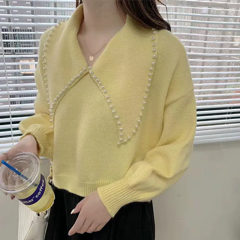 

Doll -collar nailed sweater female new short small small little spring and autumn lazy wind sweater Japanese gentle pullovers