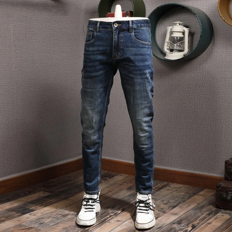 Newly Fashion Vintage Men Jeans High Quality Retro Blue Elastic Slim Ripped Jeans Men Pocket Designer Casual Denim Pants Hombre