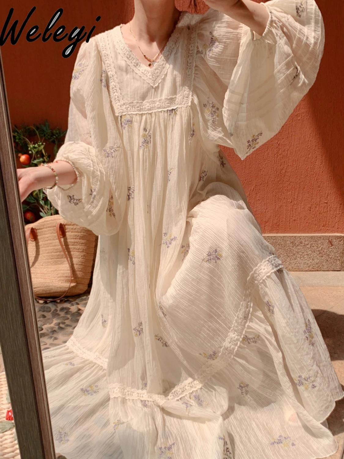 

Платье женское свободное с высокой талией, французское праздничное платье из хлопка и льна в стиле ретро, с вышивкой, рукавом-фонариком и широкой юбкой, большие размеры