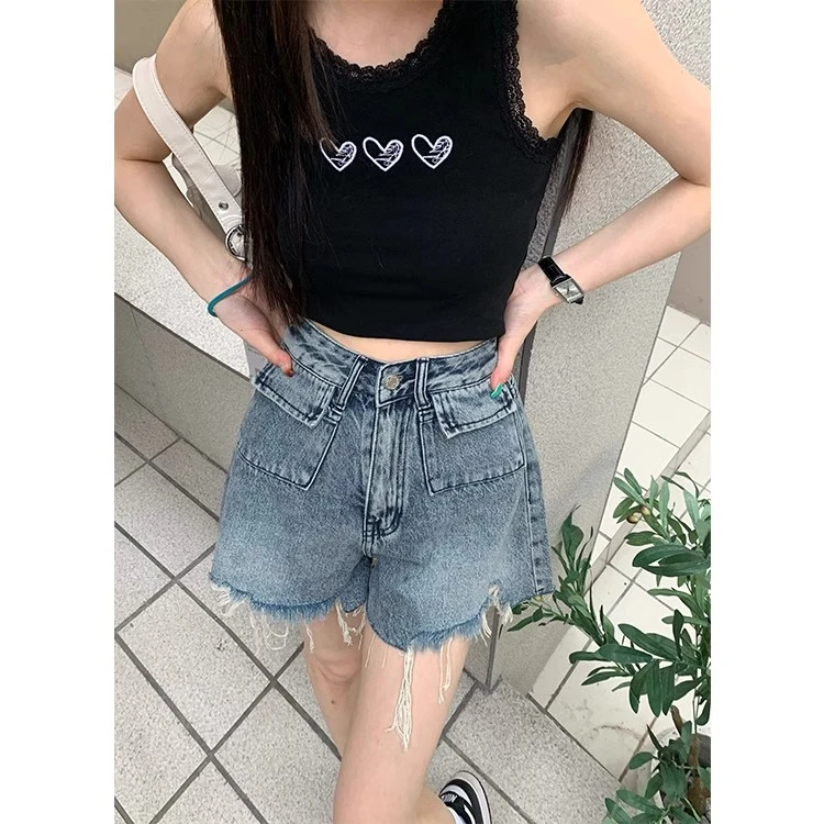 Large Size Retro Raw Edge High Waist a word denim shorts female fat mm summer spicy girl high street loose wide leg hot pants