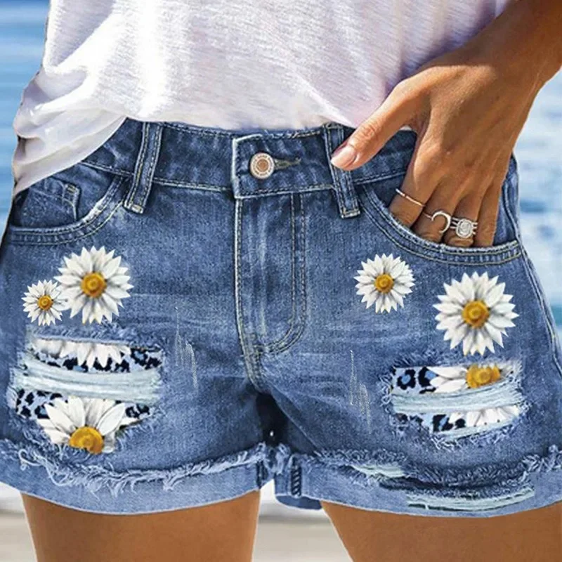 

New Arrivals Sense Design 2024 Spring Summer New Women's Clothing Printed High Waist Ripped Denim Shorts