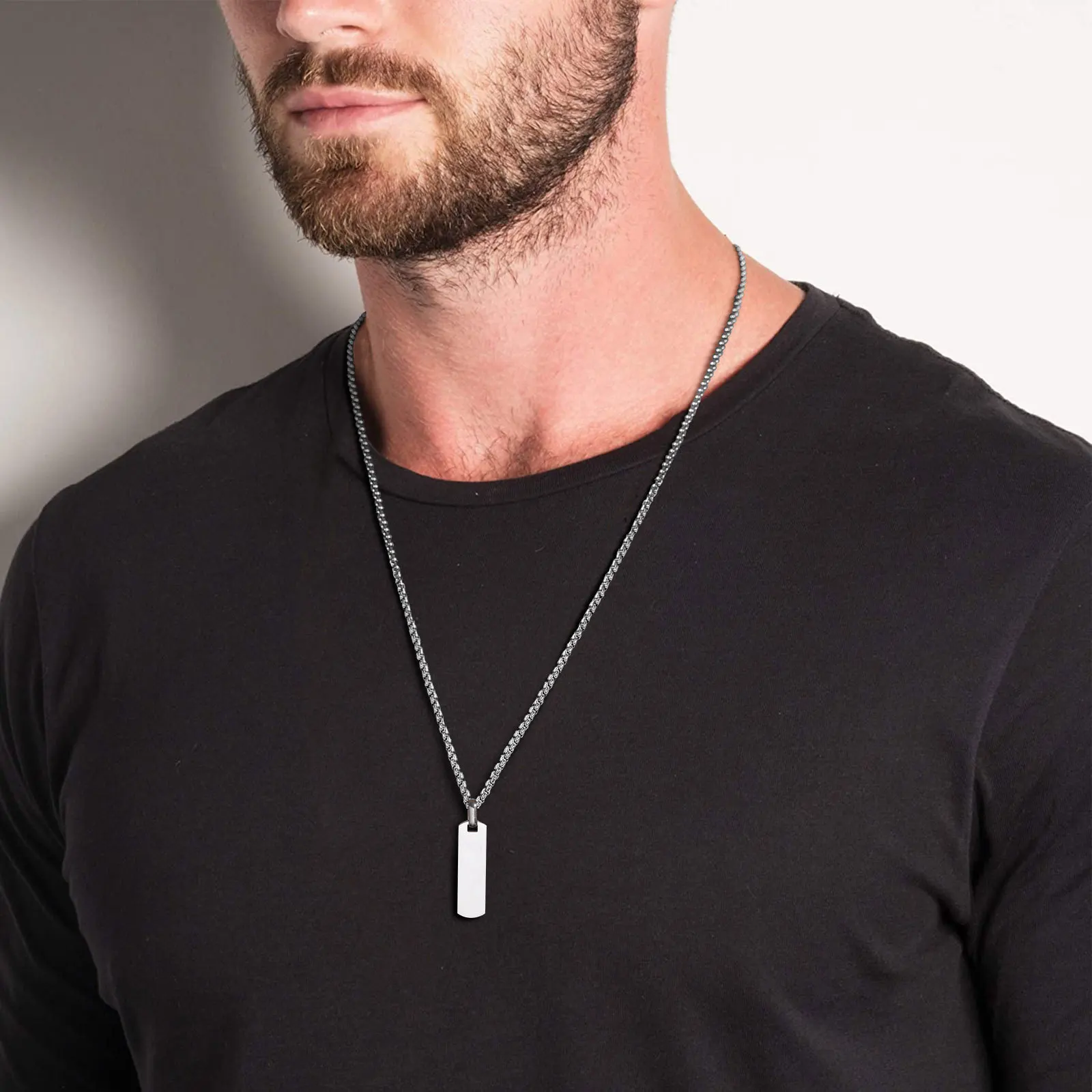 Kostenlose benutzer definierte personal isierte Bar Halsketten für Männer Jungen, wasserdichte Edelstahl vertikale geometrische Anhänger mit Box-Kette – Detail 4