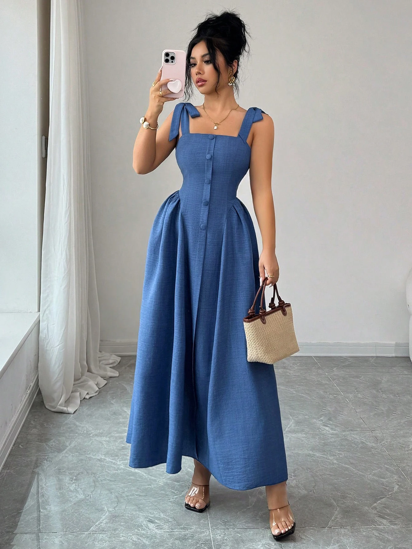 Elegante Abito Lungo da Donna in Tinta Unita, Vestito Leggero e Alla Moda - immagine 4