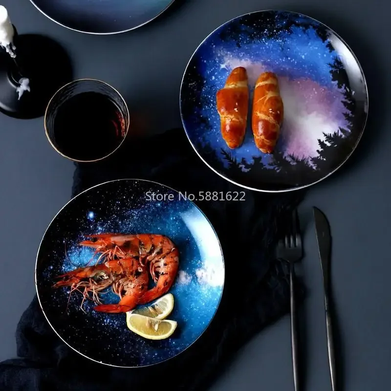 8 inch Starry Universe Plate Set Ceramic Dishes Dessert Steak Bread Dinner Plates Sets Dish Kitchen Decor