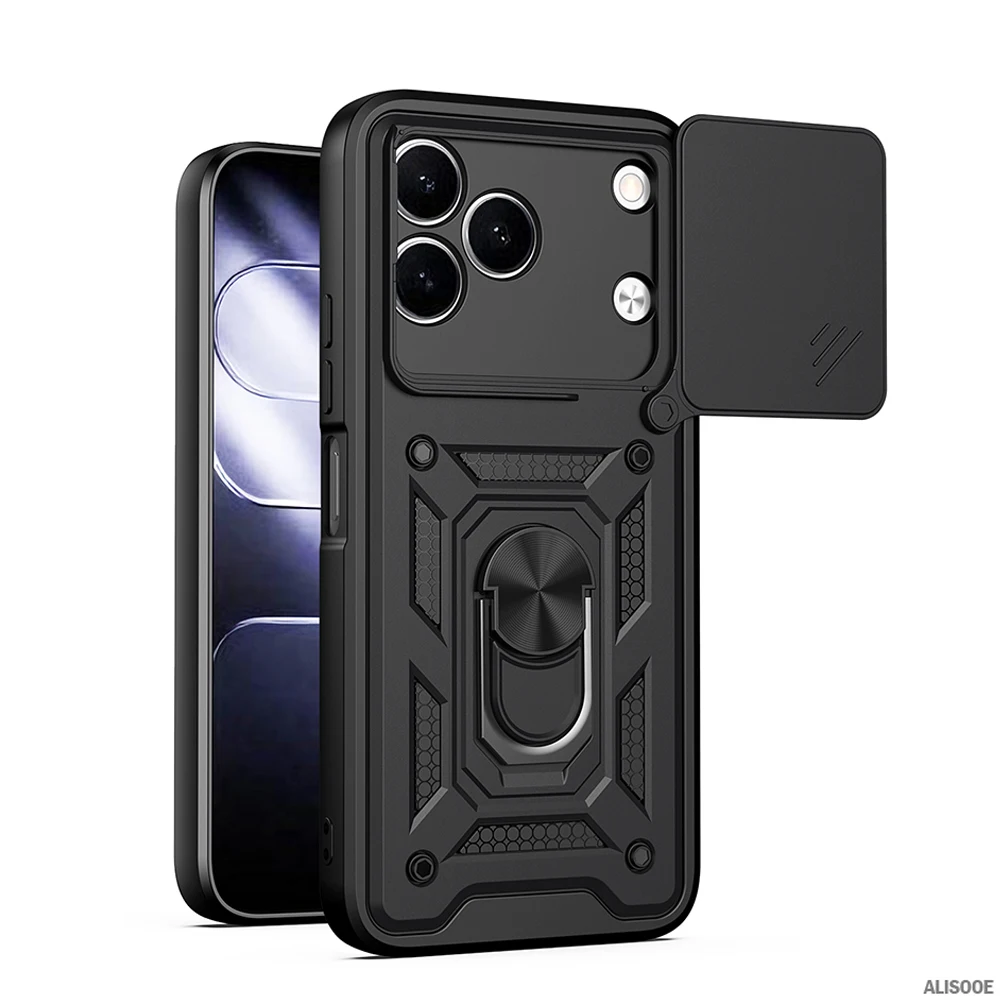 Shockproof Phone Cover with Slide Camera Lens and Ring Stand Holder