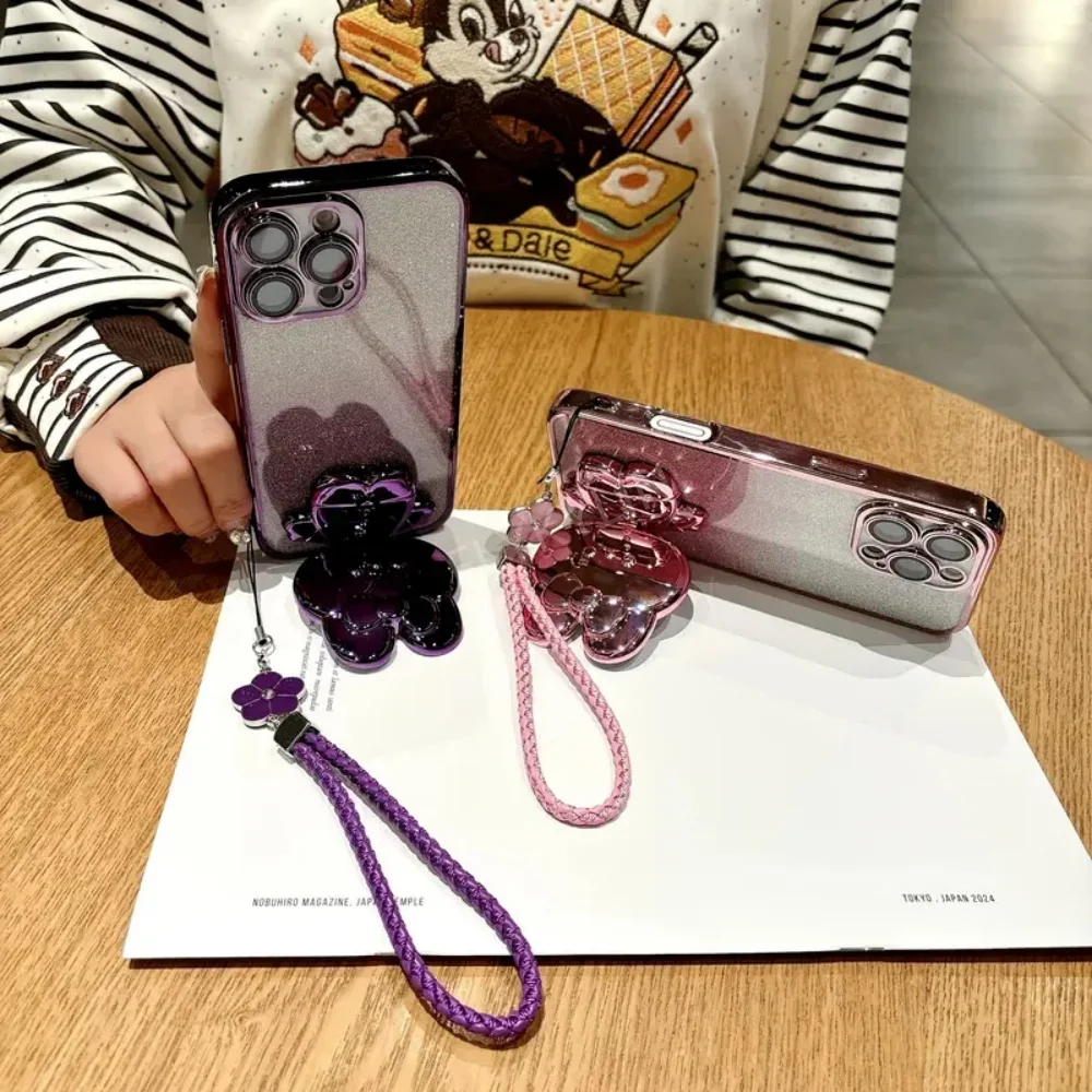 Luxury Glitter Rabbit Mirror Phone Case with Four Leaf Clover Hand Rope