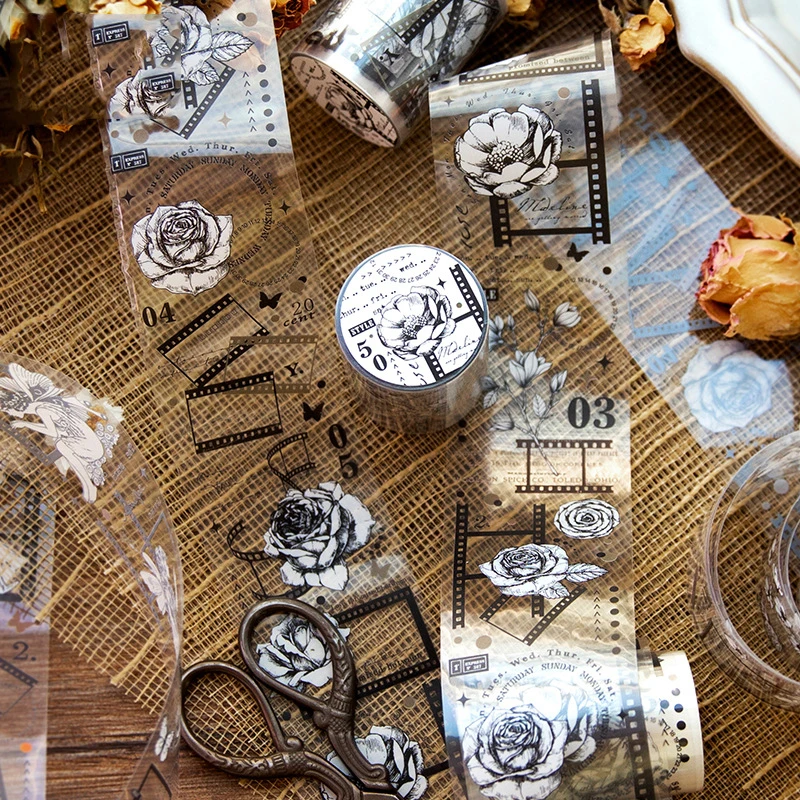 Journamm 50mm*2m Ins Transparent PET Tapes Vintage Film DIY Scrapbooking Collage Stationery Decor Journalling Materials Tapes