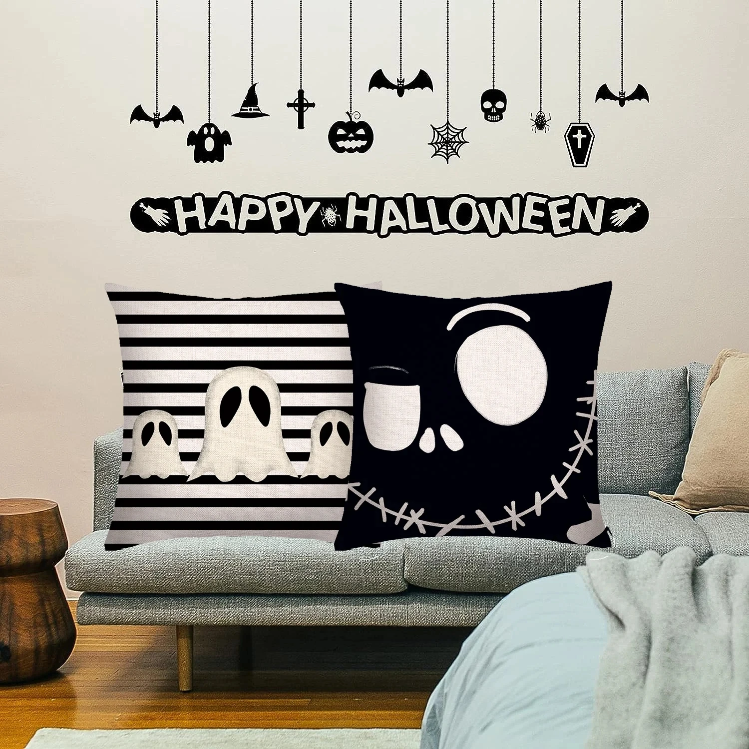 1pc Ghost face hollow skull Linen Square Throw Pillow Case，Decorative Cushion Cover Pillowcover，Halloween Decoration 18*18inch
