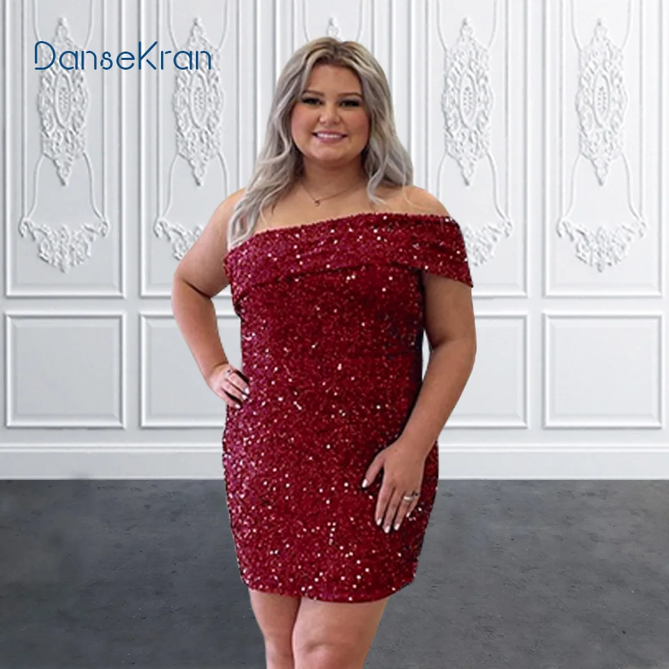 

Red Sparkly Sequin Bodycon Short Homecoming Dresses for Plus Size Girls One Shoulder Tight Mini Cocktail Dress for Women
