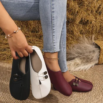 Women's Large Size Soft Leather Slip On round Toe Flat Bottom Casual Shoes Comfortable Daily Footwear Easy to Wear Summer New 1