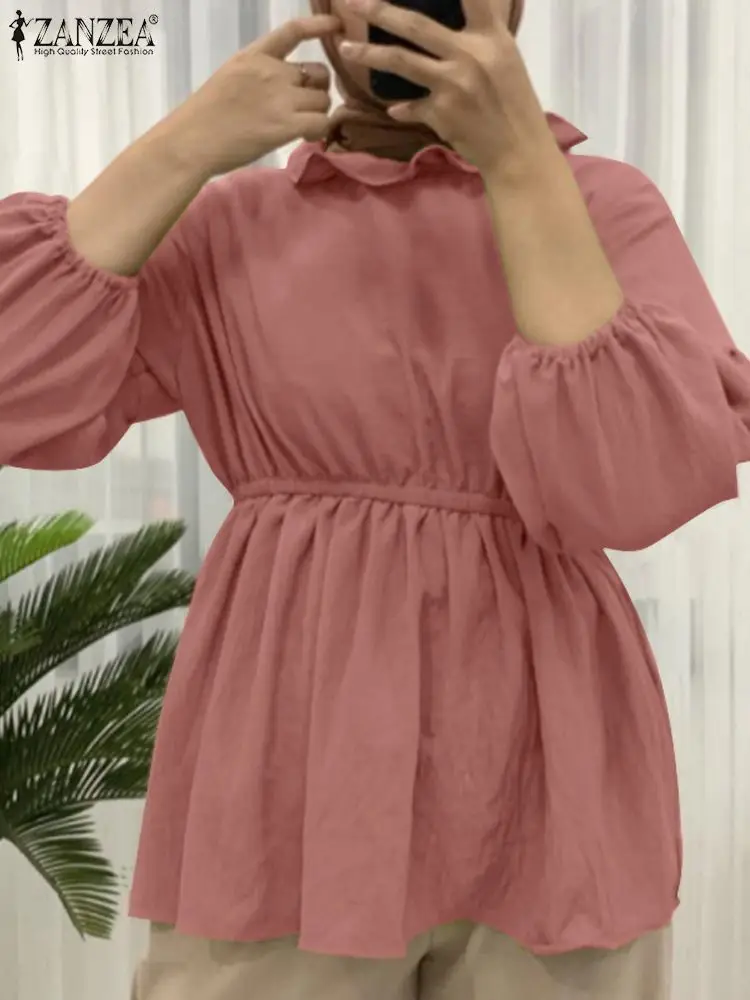 

Elegant Women Long Sleeve Solid Muslim Tops ZANZEA Fashion Flounce Blouse Autumn Shirt Casual Islamic Clothing Eid Mubarek Blusa