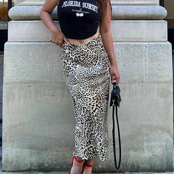 TRAFZA Retro Skirt Leopard Print High Waist H-Line Slim Women's Causal 2024 Fashion Female Summer Elegant Straight Skirt TRAF