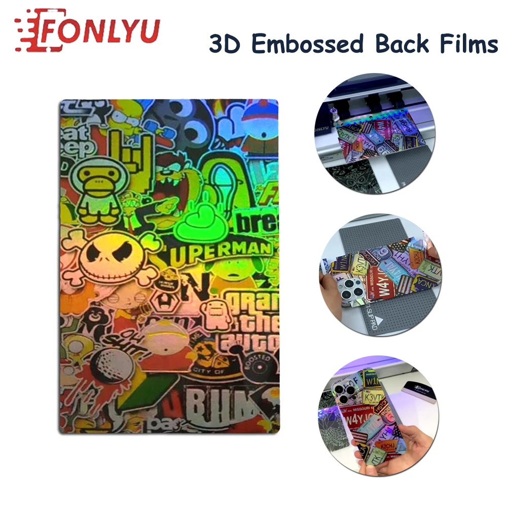 50PCS Shiny 3D Embossed Back Films Rear Cover Protector Skin Sticker for iPhone Samsung Phone Plotter DIY Decoration Materials