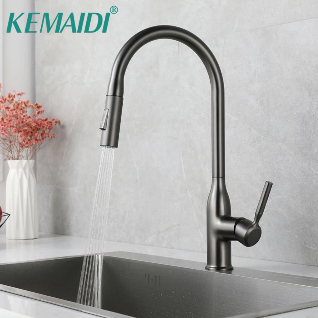Kemaidi-torneira de Cozinha com Pull Down Pulverizador Arco Alto Giratório 360 Torneiras de Pia de Cozinha Cinza Cromo Montado no Deck Aço Inoxidável