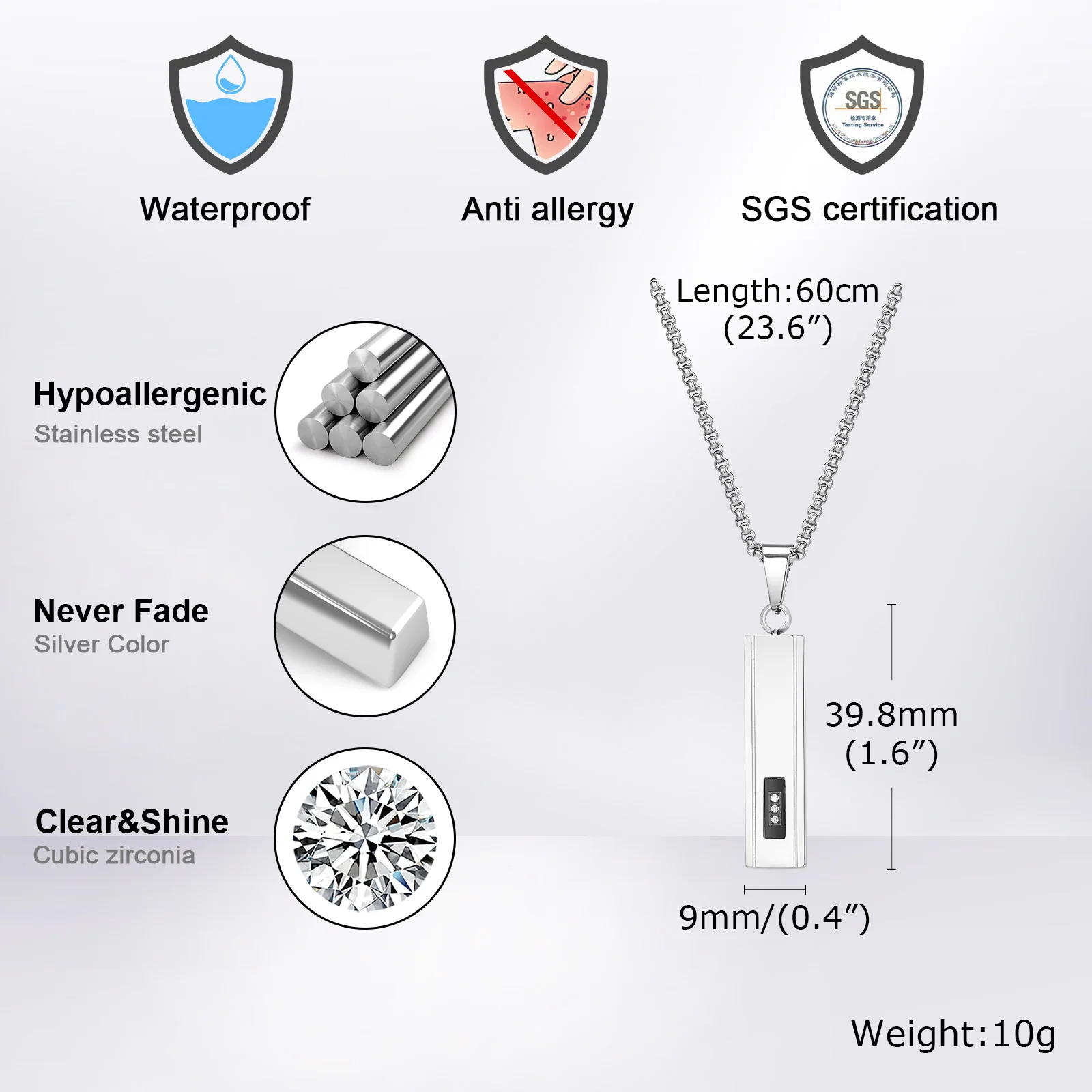 Geometric Vertical Bar Pendant Necklaces for Men Boys,Stainless Steel Necklace with 60CM Box Chain,Stylish Hiphop Jewelry Gifts