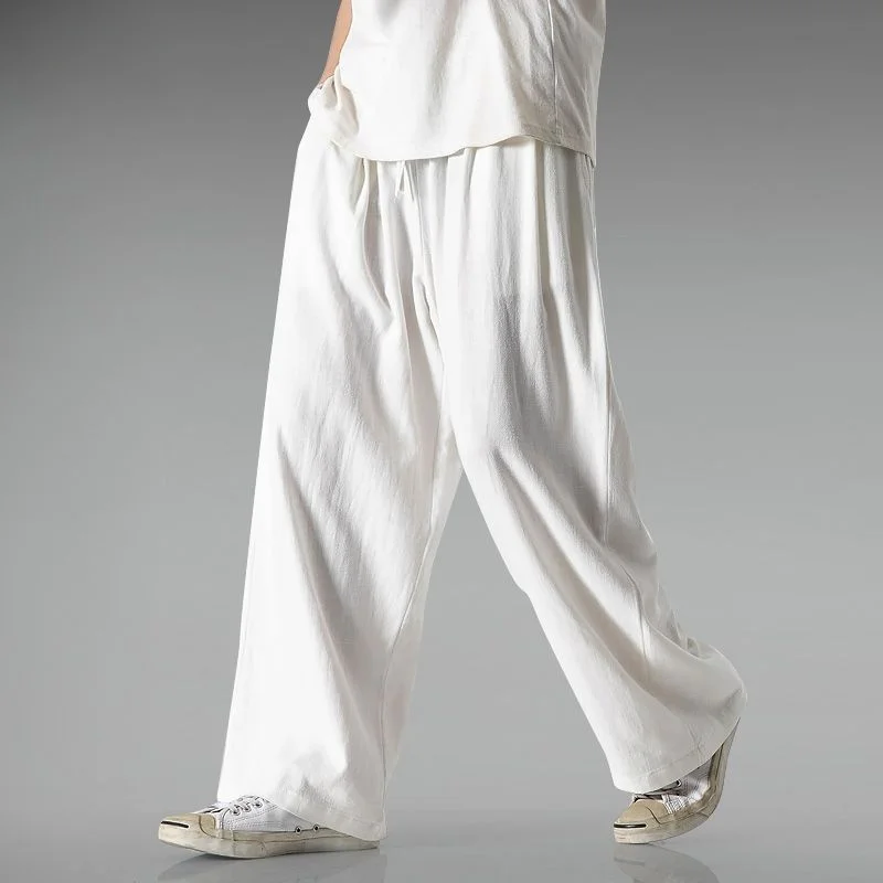Summer Large Size Linen Wide Leg Pants Men's Casual Comfortable Loose Fit Straight Tube Trousers Long Pants Casual Pants