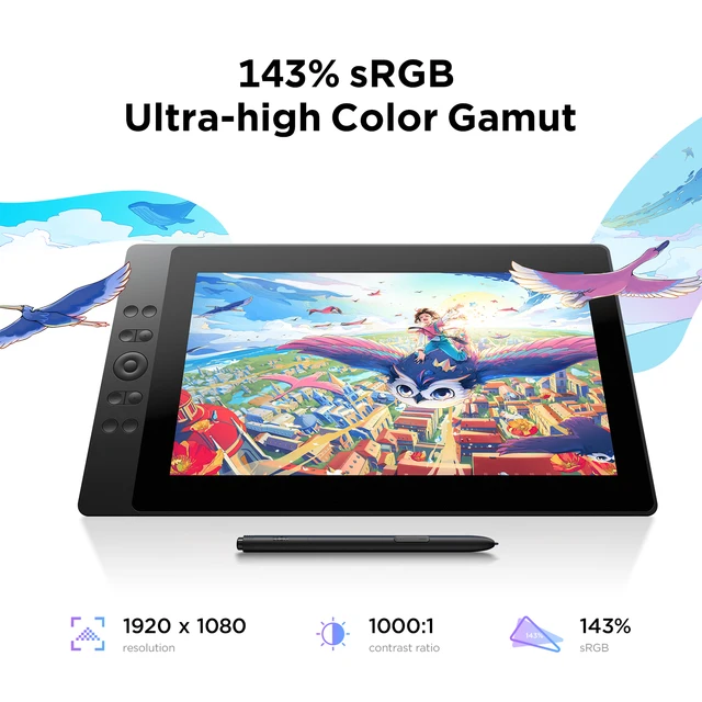 UE16 Drawing Graphics Pen Tablet Monitor 16K Pressure Levels 15.4 inch 10 Shortcut Keys for Windows Mac Android 5
