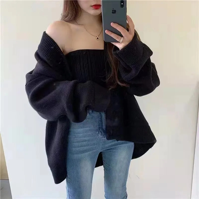 

ZARSAFLY V Neck Knitted Cardigan Women Fall Winter Thickened Loose Korean Casual Long Sleeve Sweaters Outerwear 3 Colors