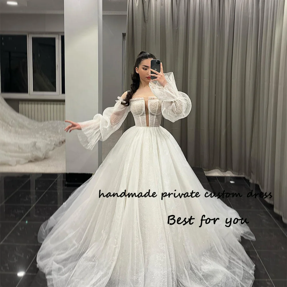 

Sparkly A Line Princess Wedding Dresses Puff Sleeve Sexy Corset Strapless Bride Dress Luxury Long Church Bridal Gowns